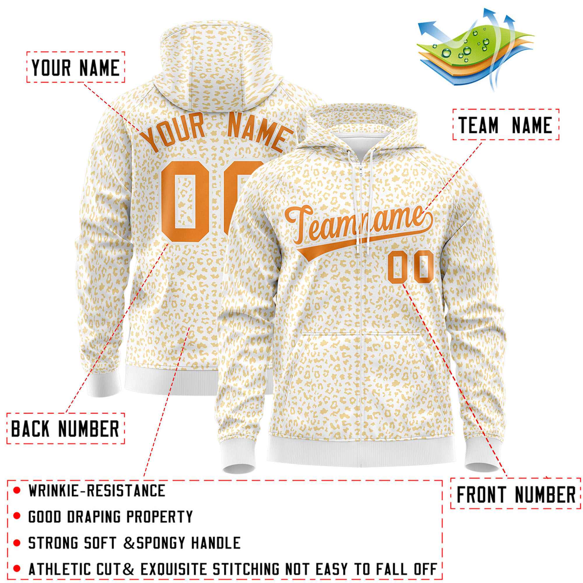 Custom White Orange Varsity Full-Zip Letterman Leopard Print Hoodie Jacket