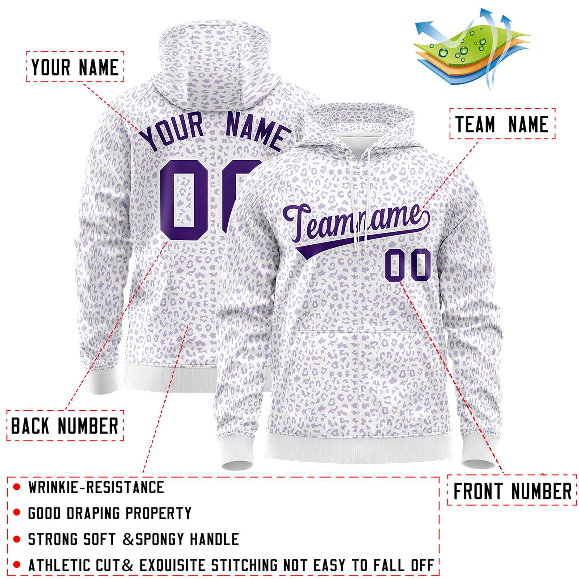 Custom White Purple Varsity Full-Zip Letterman Leopard Print Hoodie Jacket