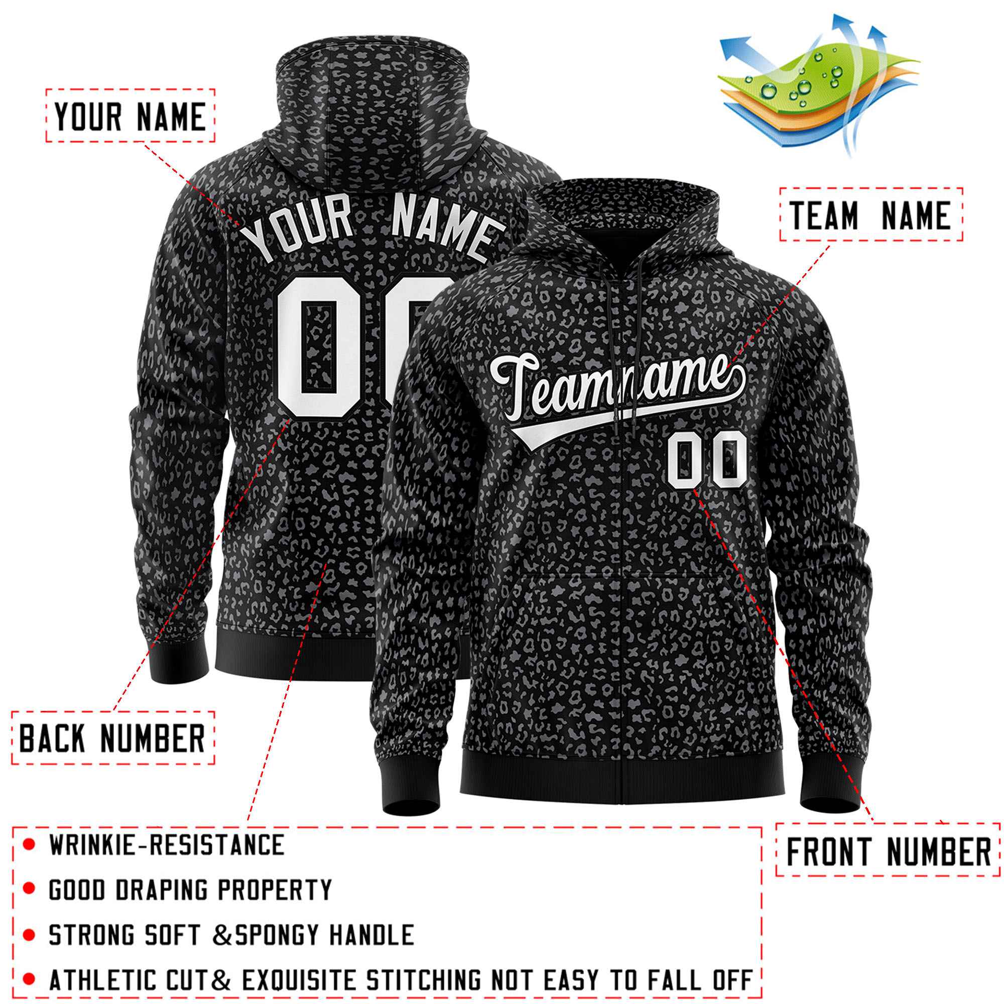 Custom Black Gray Varsity Full-Zip Letterman Leopard Print Hoodie Jacket