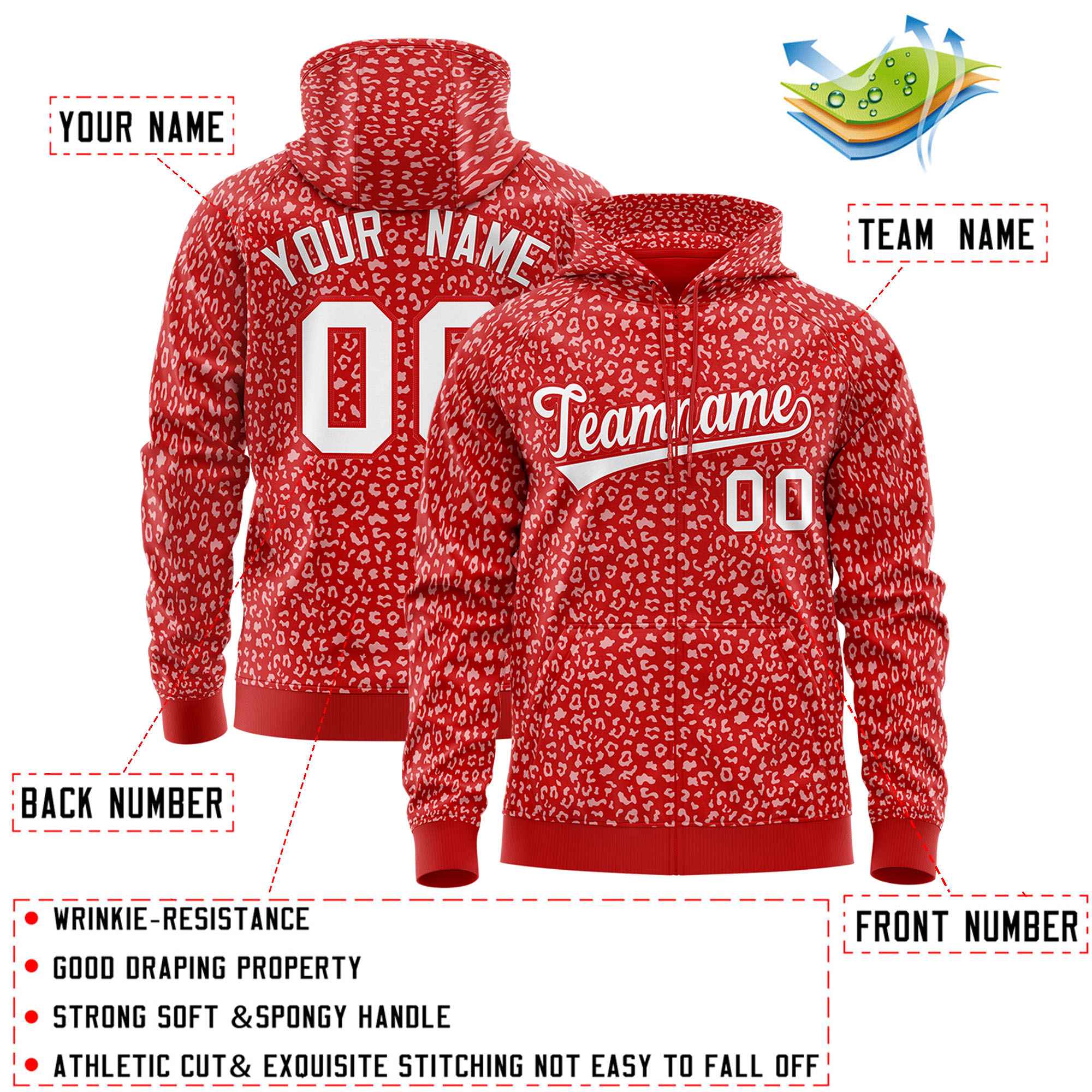 Custom Red White Varsity Full-Zip Letterman Leopard Print Hoodie Jacket