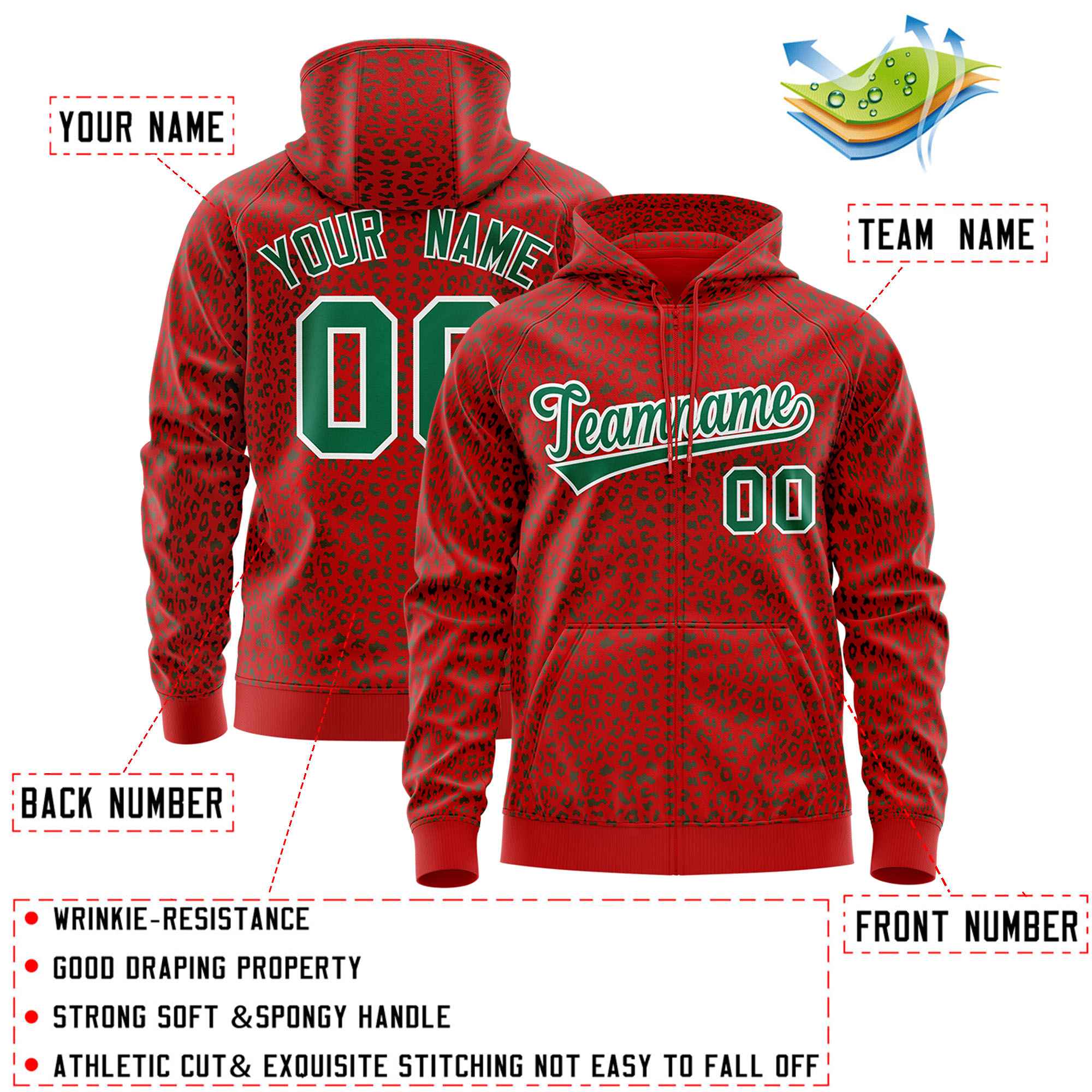 Custom Red Kelly Green Varsity Full-Zip Letterman Leopard Print Hoodie Jacket