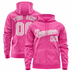 Custom Pink Light Pink Varsity Full-Zip Letterman Leopard Print Hoodie Jacket