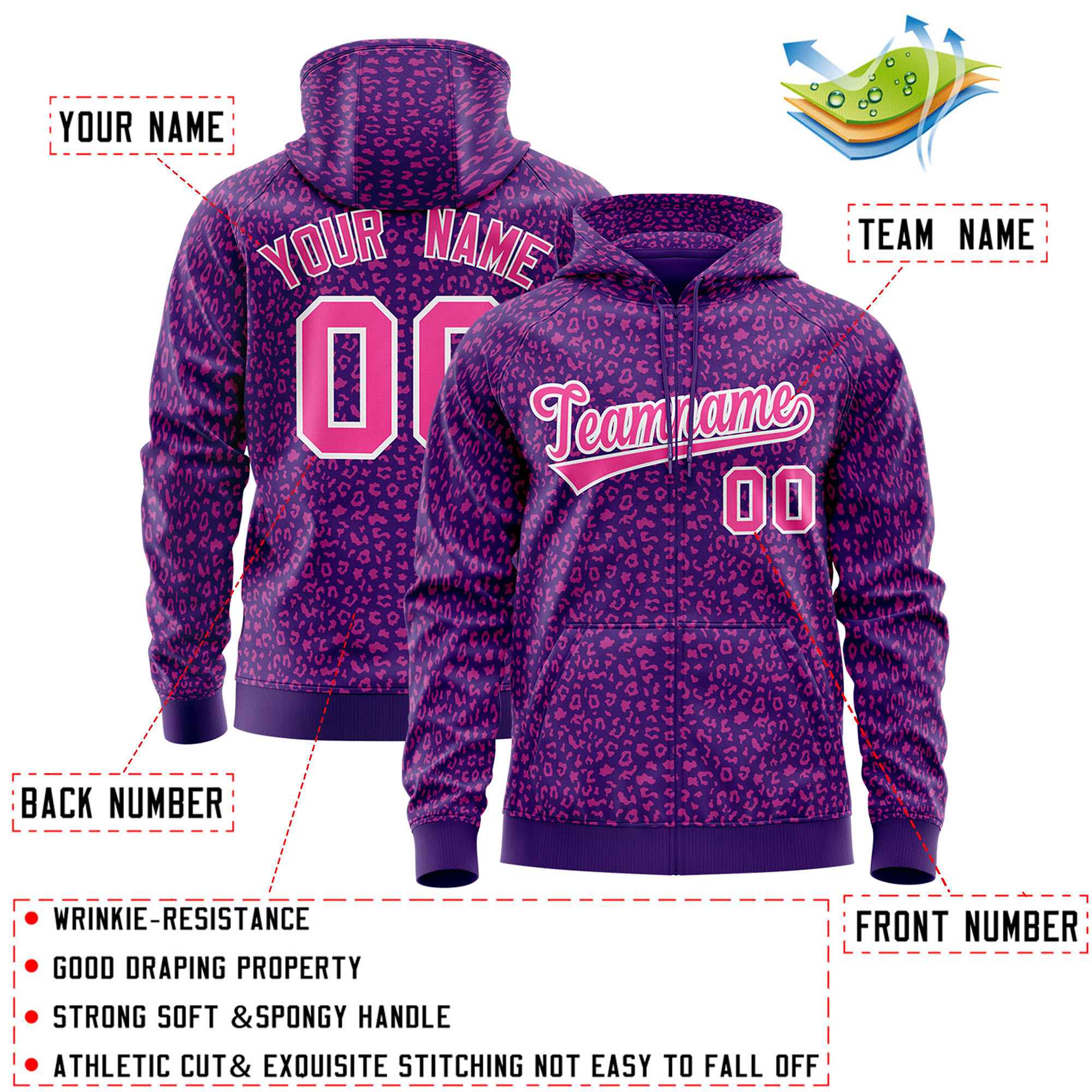 Custom Purple Pink Varsity Full-Zip Letterman Leopard Print Hoodie Jacket