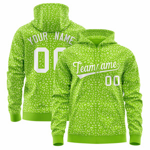 Custom Neon Green White Varsity Full-Zip Letterman Leopard Print Hoodie Jacket