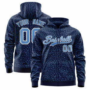 Custom Navy Light Blue Varsity Full-Zip Letterman Leopard Print Hoodie Jacket