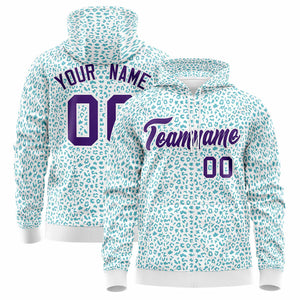 Custom White Teal Varsity Full-Zip Letterman Leopard Print Hoodie Jacket