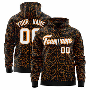 Custom Black Orange Varsity Full-Zip Letterman Leopard Print Hoodie Jacket