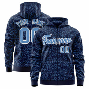 Custom Navy Light Blue Varsity Full-Zip Letterman Leopard Print Hoodie Jacket