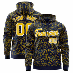 Custom Navy Gold Varsity Full-Zip Letterman Leopard Print Hoodie Jacket