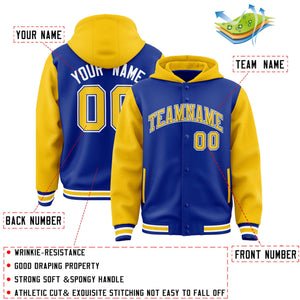 Custom Royal Gold Raglan Sleeves Varsity Full-Snap Letterman Two Tone Hoodie Jacket