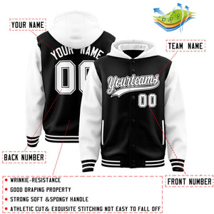 Custom Black White Raglan Sleeves Varsity Full-Snap Letterman Two Tone Hoodie Jacket