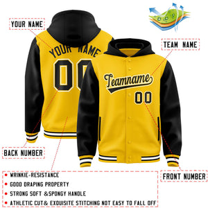 Custom Gold Black Raglan Sleeves Varsity Full-Snap Letterman Two Tone Hoodie Jacket