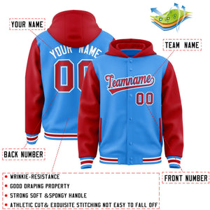 Custom Powder Blue Red Raglan Sleeves Varsity Full-Snap Letterman Two Tone Hoodie Jacket