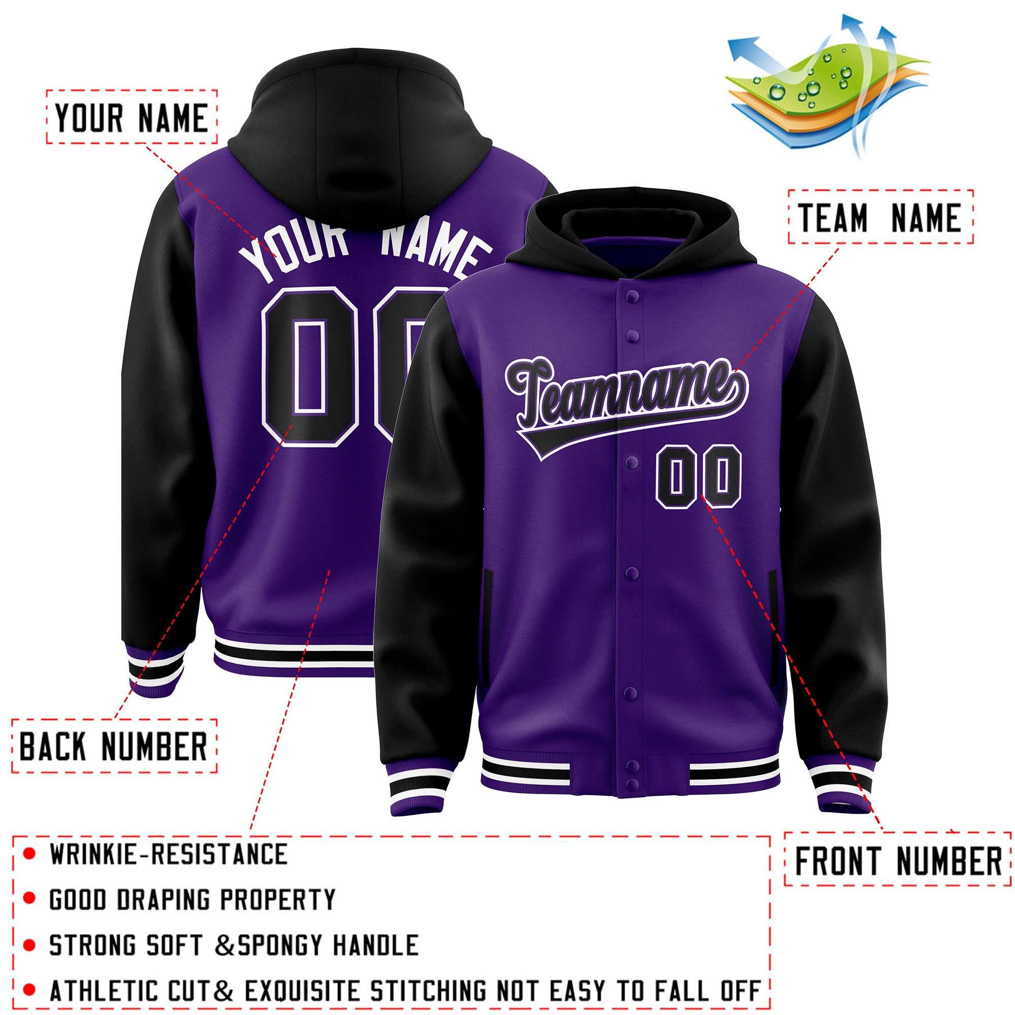 Custom Purple Black Raglan Sleeves Varsity Full-Snap Letterman Two Tone Hoodie Jacket