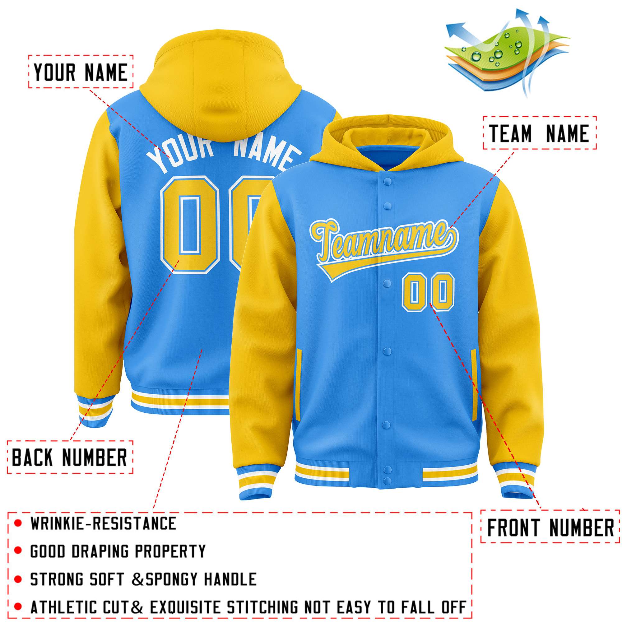 Custom Powder Blue Gold Raglan Sleeves Varsity Full-Snap Letterman Two Tone Hoodie Jacket