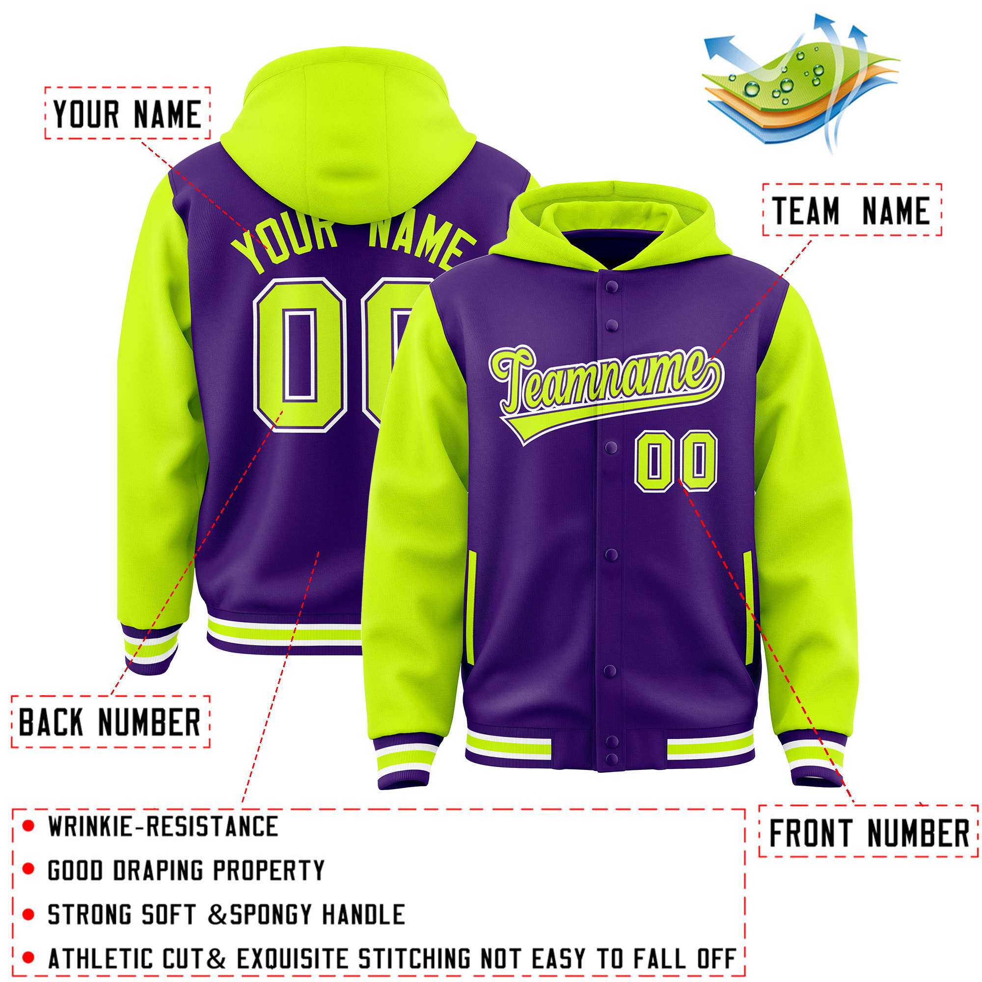 Custom Purple Neon Green Raglan Sleeves Varsity Full-Snap Letterman Two Tone Hoodie Jacket