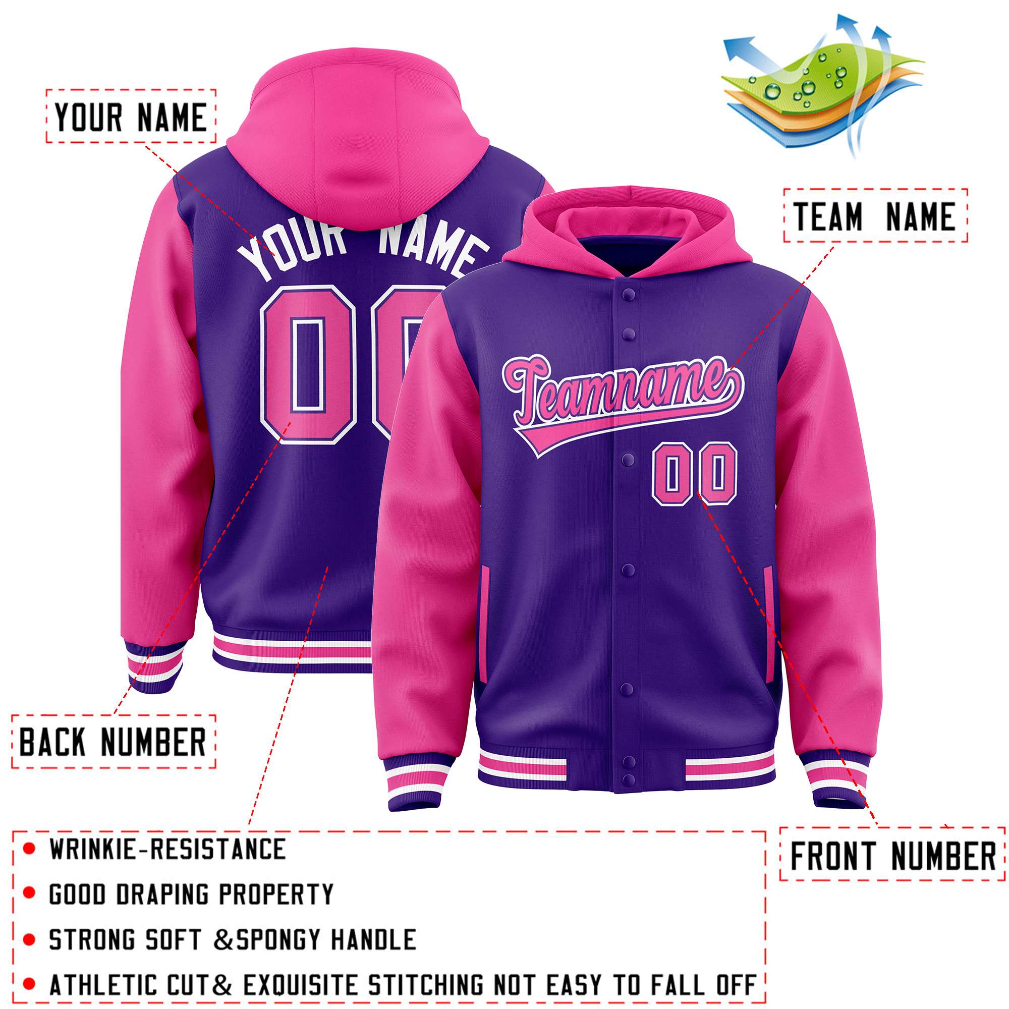 Custom Purple Pink Raglan Sleeves Varsity Full-Snap Letterman Two Tone Hoodie Jacket