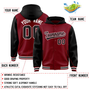 Custom Crimson Black Raglan Sleeves Varsity Full-Snap Letterman Two Tone Hoodie Jacket