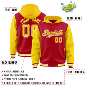 Custom Red Gold Raglan Sleeves Varsity Full-Snap Letterman Two Tone Hoodie Jacket