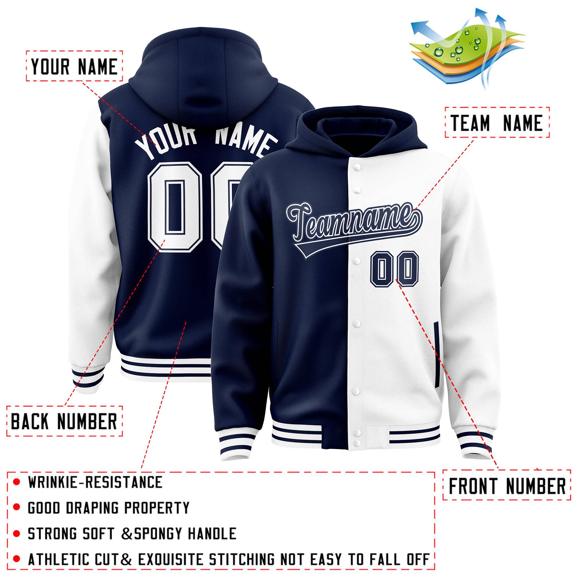 Custom Navy White Split Fashion Varsity Full-Snap Letterman Two Tone Hoodie Jacket