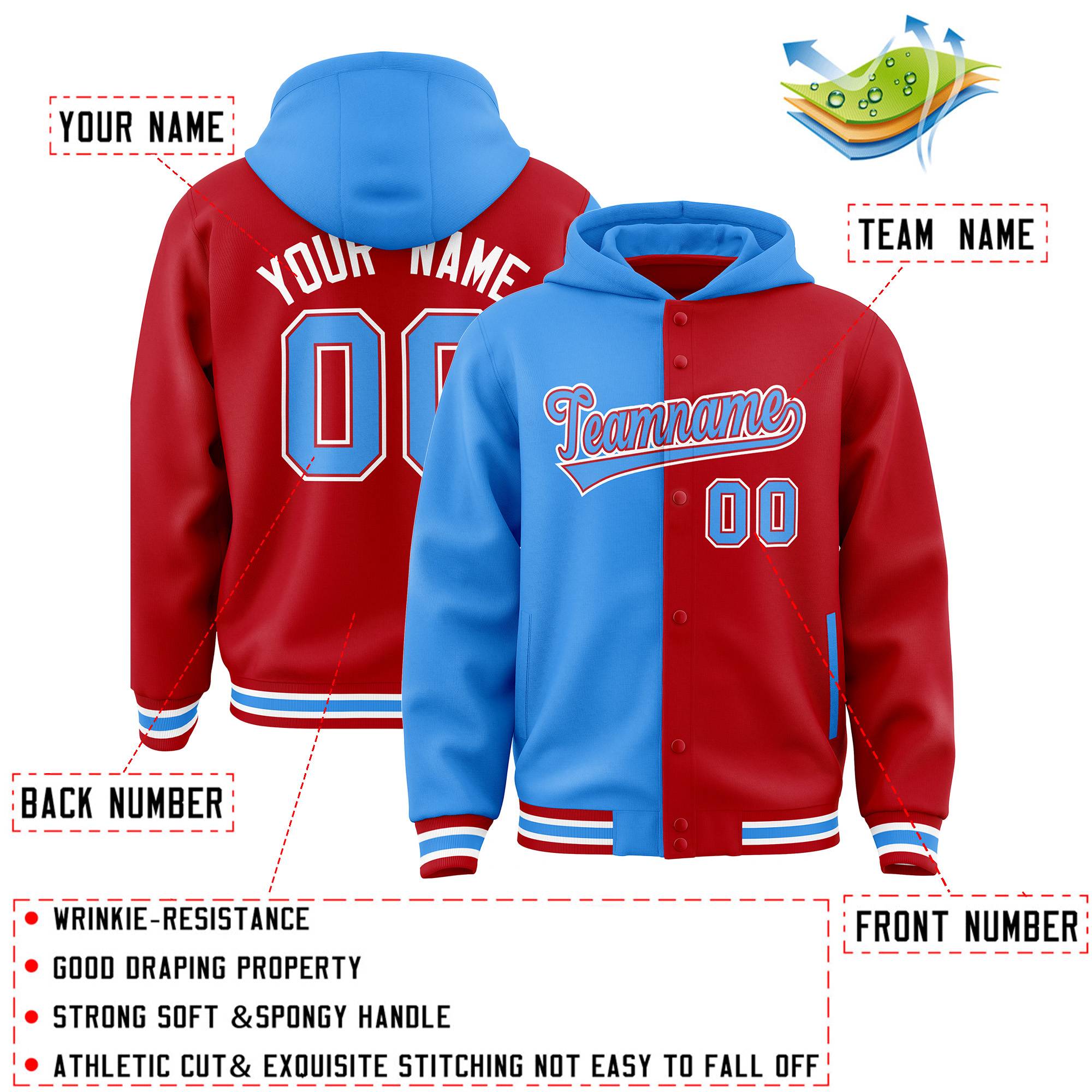 Custom Powder Blue Red Split Fashion Varsity Full-Snap Letterman Two Tone Hoodie Jacket