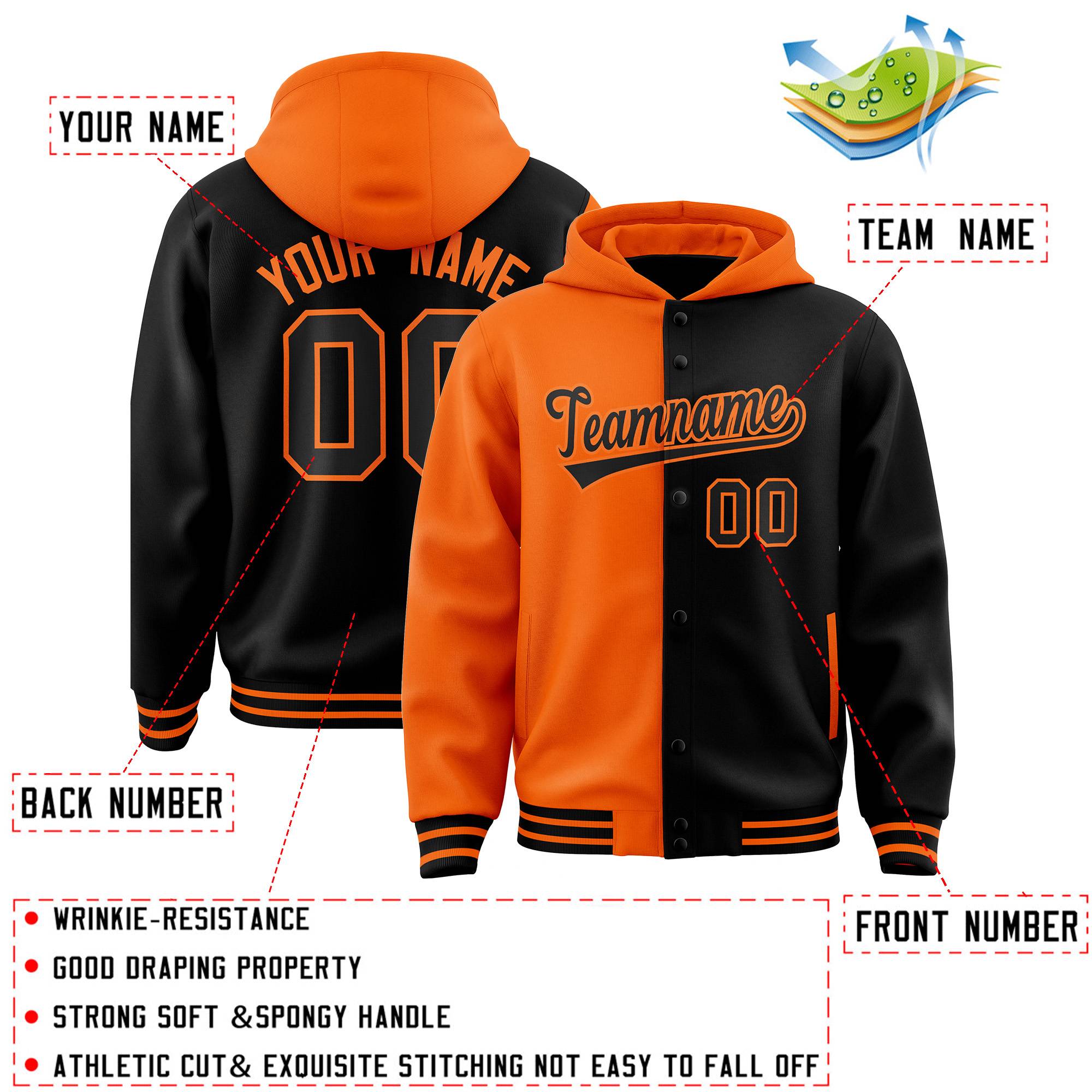 Custom Orange Black Split Fashion Varsity Full-Snap Letterman Two Tone Hoodie Jacket