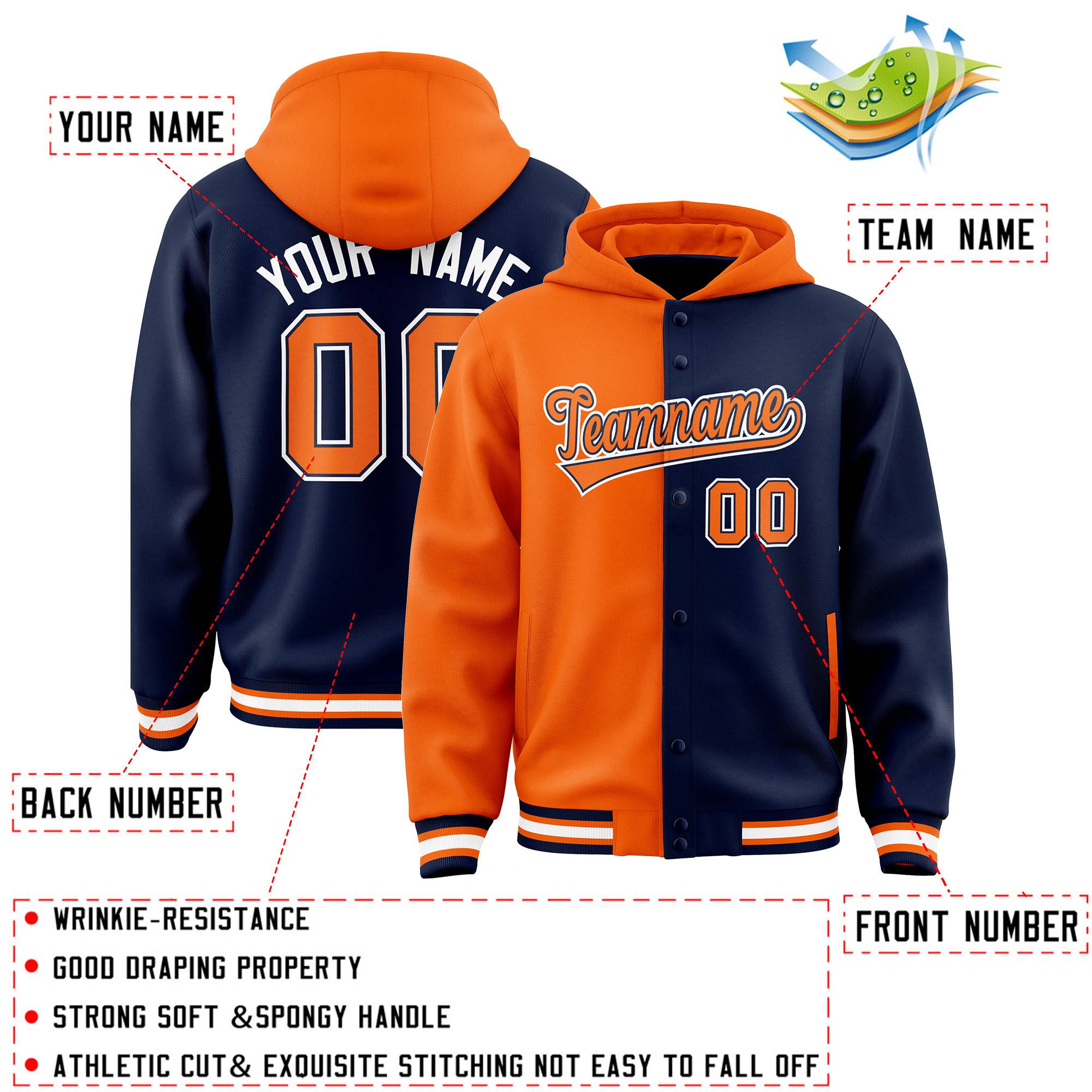 Custom Orange Navy Split Fashion Varsity Full-Snap Letterman Two Tone Hoodie Jacket