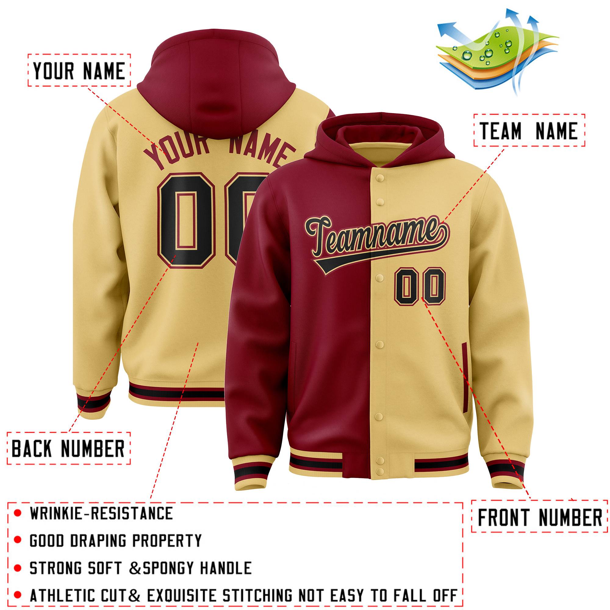 Custom Crimson Khaki Split Fashion Varsity Full-Snap Letterman Two Tone Hoodie Jacket