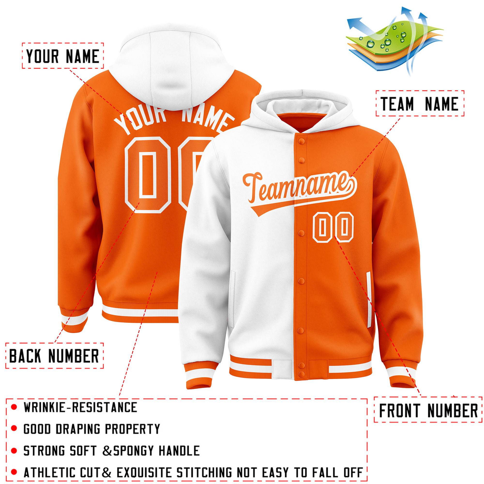 Custom White Orange Split Fashion Varsity Full-Snap Letterman Two Tone Hoodie Jacket