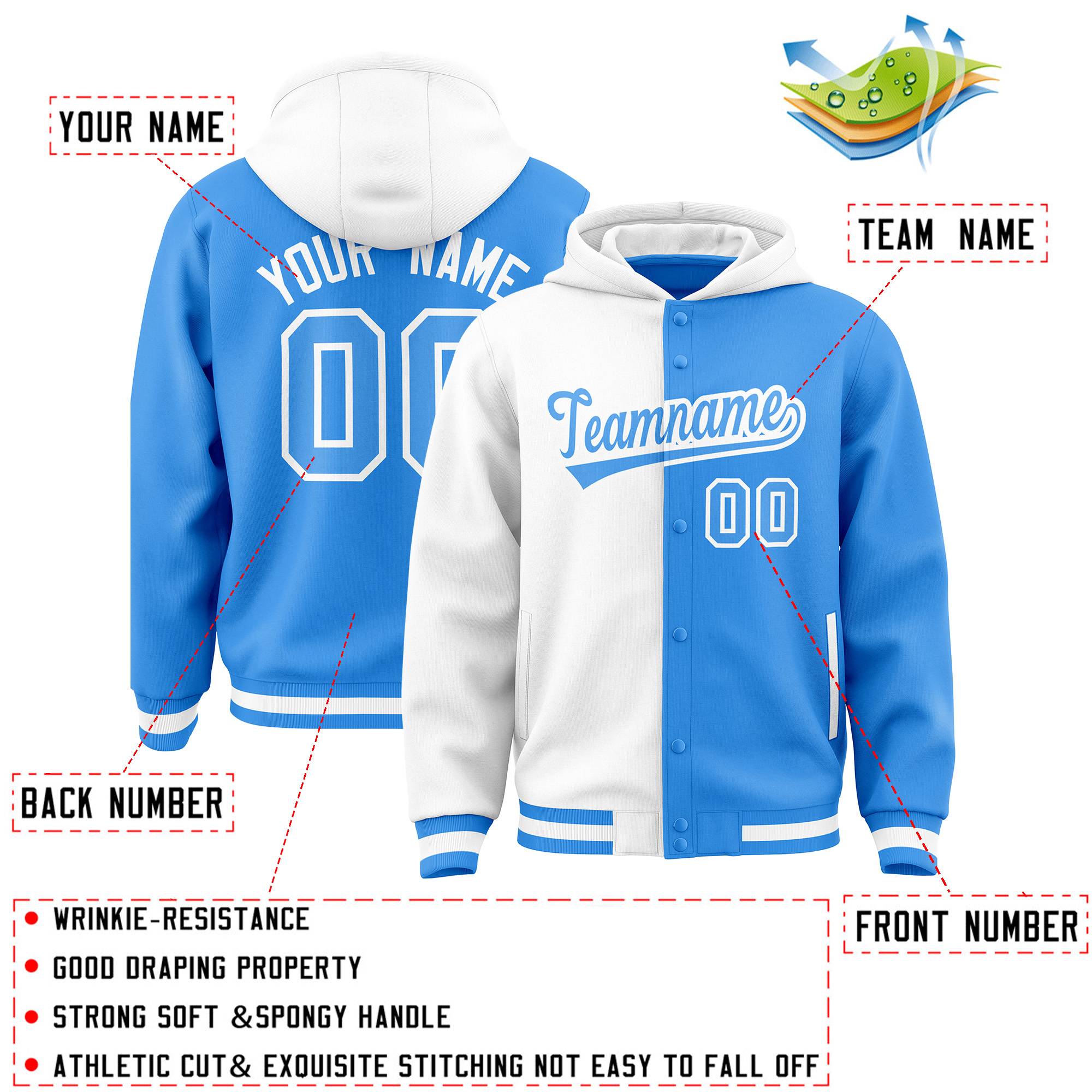 Custom White Powder Blue Split Fashion Varsity Full-Snap Letterman Two Tone Hoodie Jacket