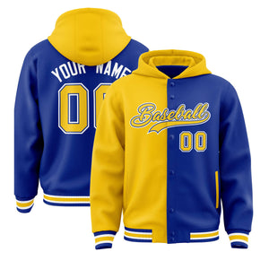 Custom Gold Royal Split Fashion Varsity Full-Snap Letterman Two Tone Hoodie Jacket