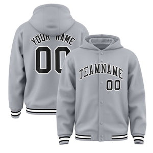 Custom Gray Black-White Varsity Full-Snap Letterman Classic Hoodie Jacket