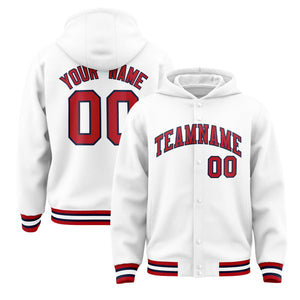 Custom White Red-Navy Varsity Full-Snap Letterman Classic Hoodie Jacket