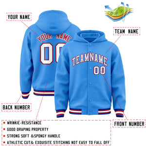 Custom Powder Blue White-Royal Varsity Full-Snap Letterman Classic Hoodie Jacket