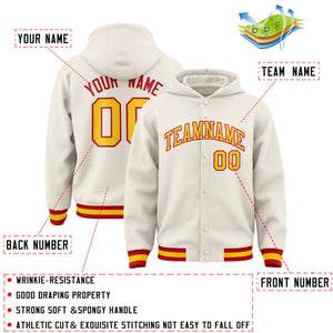 Custom Cream Gold-Red Varsity Full-Snap Letterman Classic Hoodie Jacket