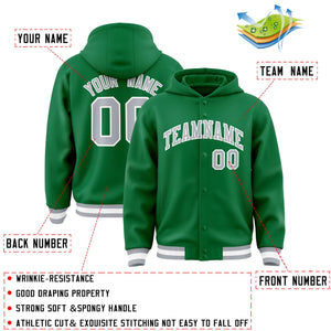 Custom Kelly Green Gray-White Varsity Full-Snap Letterman Classic Hoodie Jacket