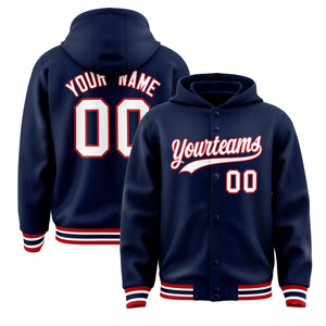 Custom Navy White-Red Varsity Full-Snap Letterman Classic Hoodie Jacket