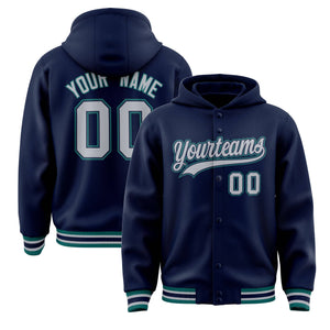 Custom Navy Gray-Navy Varsity Full-Snap Letterman Classic Hoodie Jacket