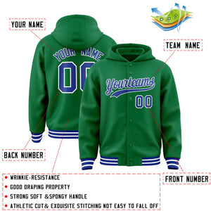 Custom Kelly Green Royal-White Varsity Full-Snap Letterman Classic Hoodie Jacket