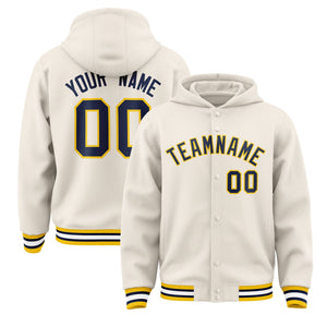 Custom Cream Navy-Gold Varsity Full-Snap Letterman Classic Hoodie Jacket