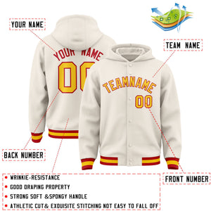 Custom Cream Gold-Red Varsity Full-Snap Letterman Classic Hoodie Jacket