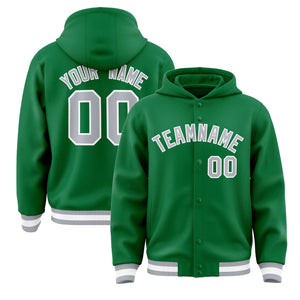 Custom Kelly Green Gray-White Varsity Full-Snap Letterman Classic Hoodie Jacket