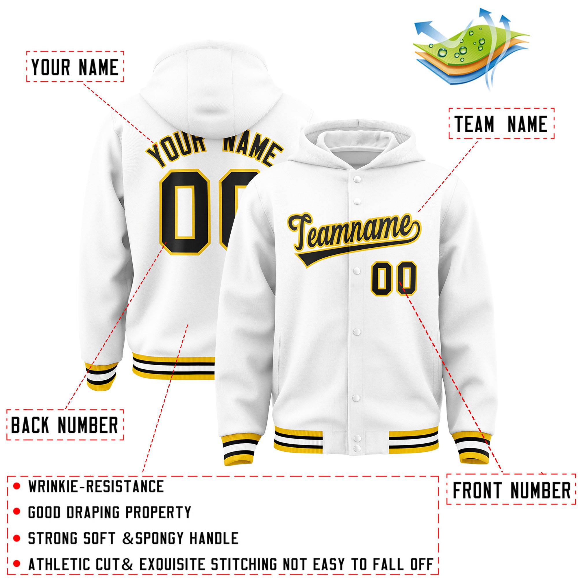 Custom White Black-Gold Varsity Full-Snap Letterman Classic Hoodie Jacket