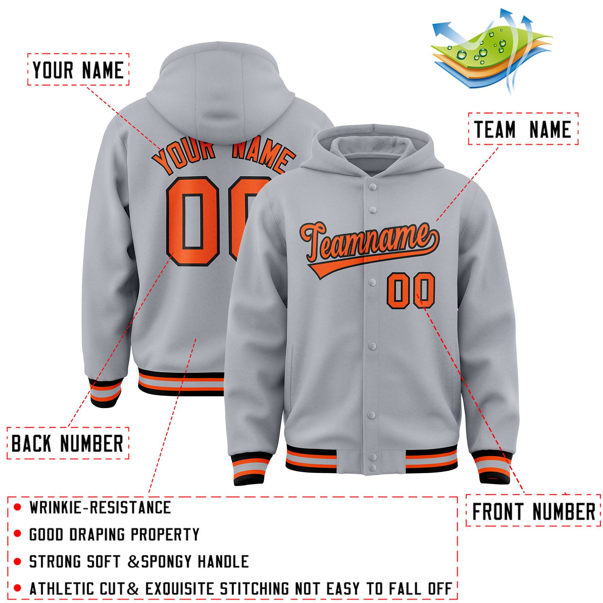 Custom Gray Orange-Black Varsity Full-Snap Letterman Classic Hoodie Jacket