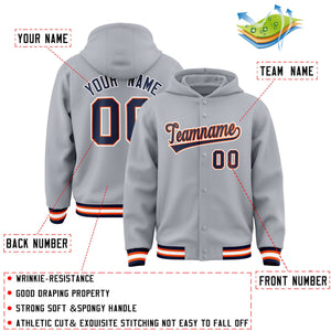 Custom Gray Navy-Orange Varsity Full-Snap Letterman Classic Hoodie Jacket