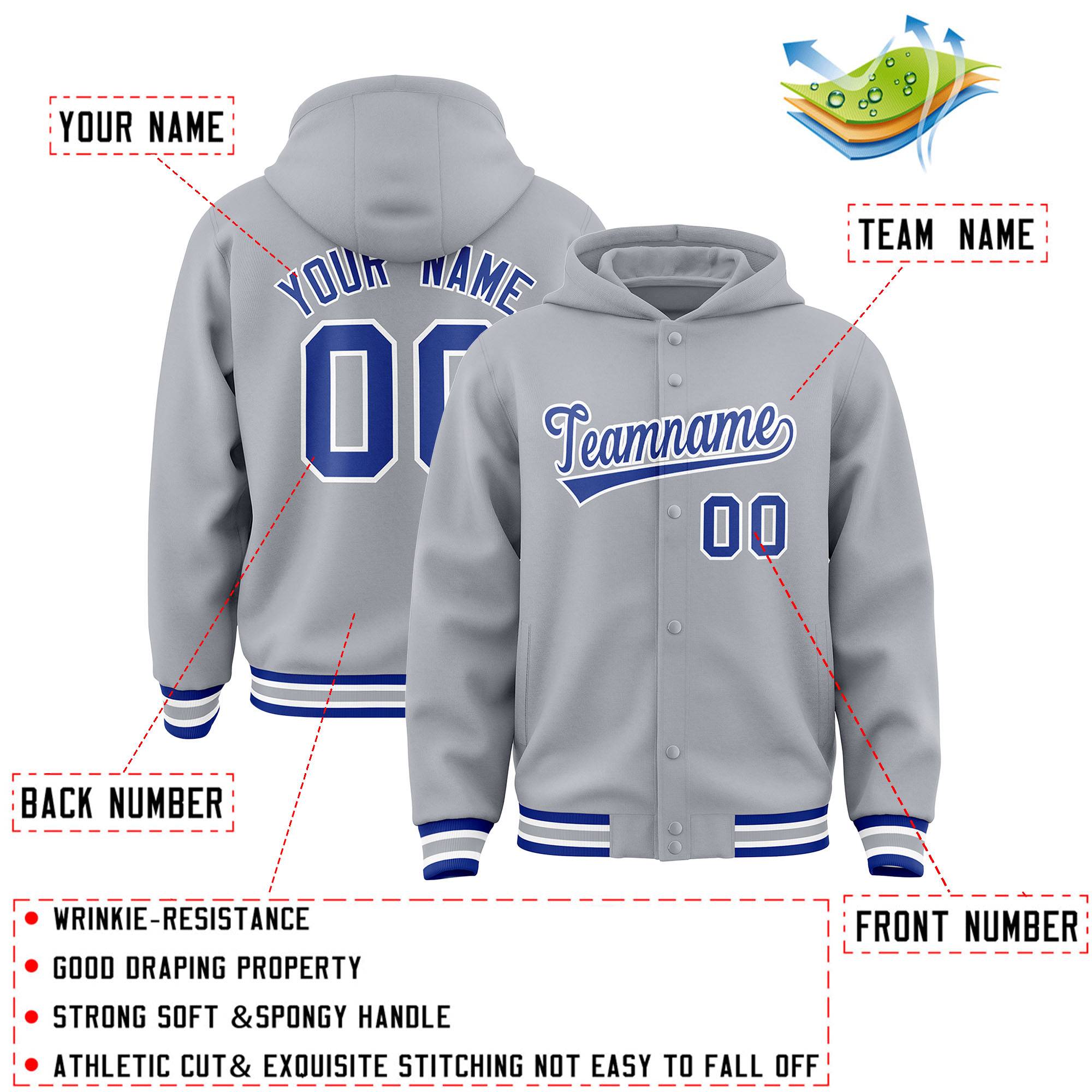 Custom Gray Royal-White Varsity Full-Snap Letterman Classic Hoodie Jacket