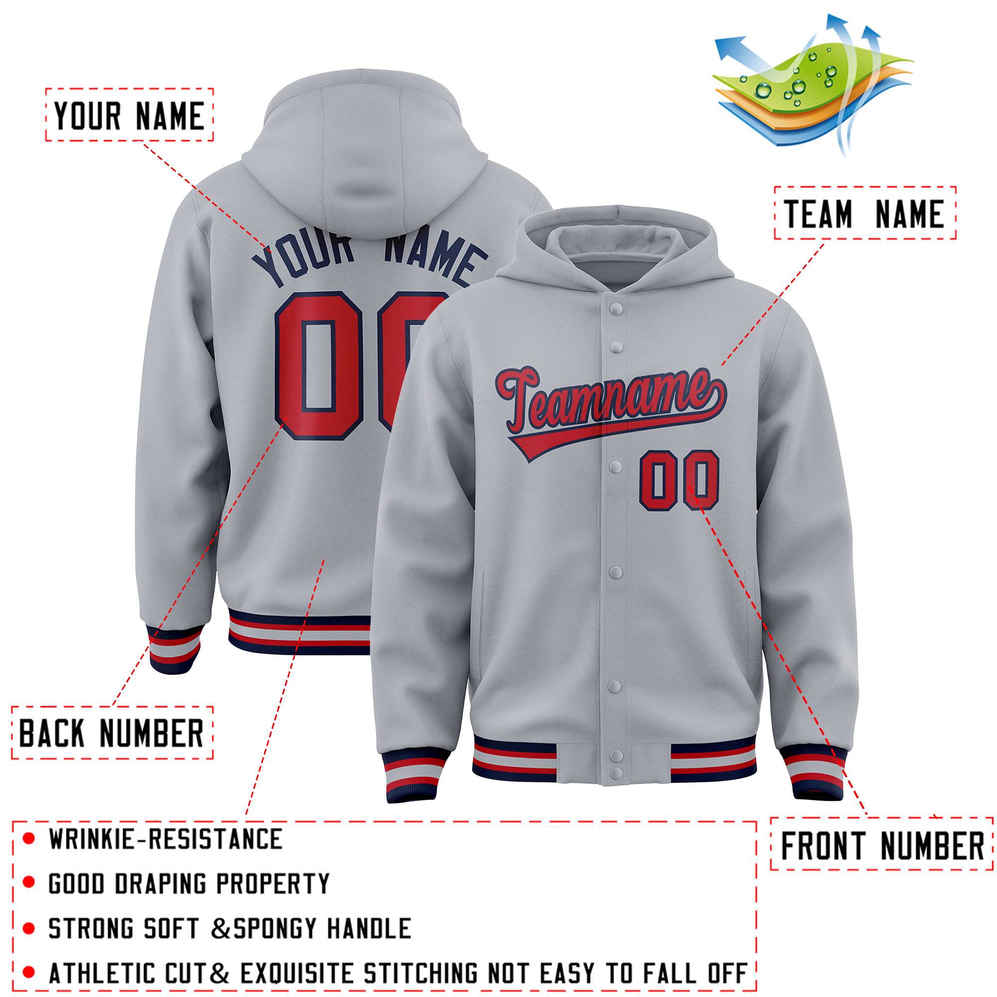 Custom Gray Red-Navy Varsity Full-Snap Letterman Classic Hoodie Jacket