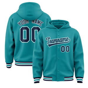 Custom Aqua Black-Aqua Varsity Full-Snap Letterman Classic Hoodie Jacket