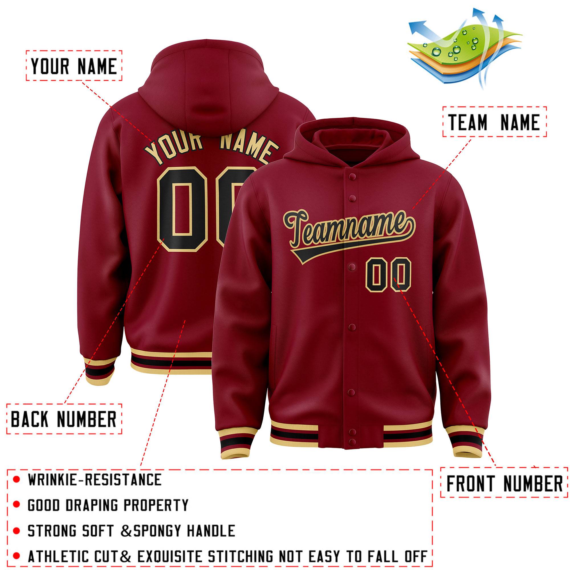 Custom Crimson Black-Khaki Varsity Full-Snap Letterman Classic Hoodie Jacket