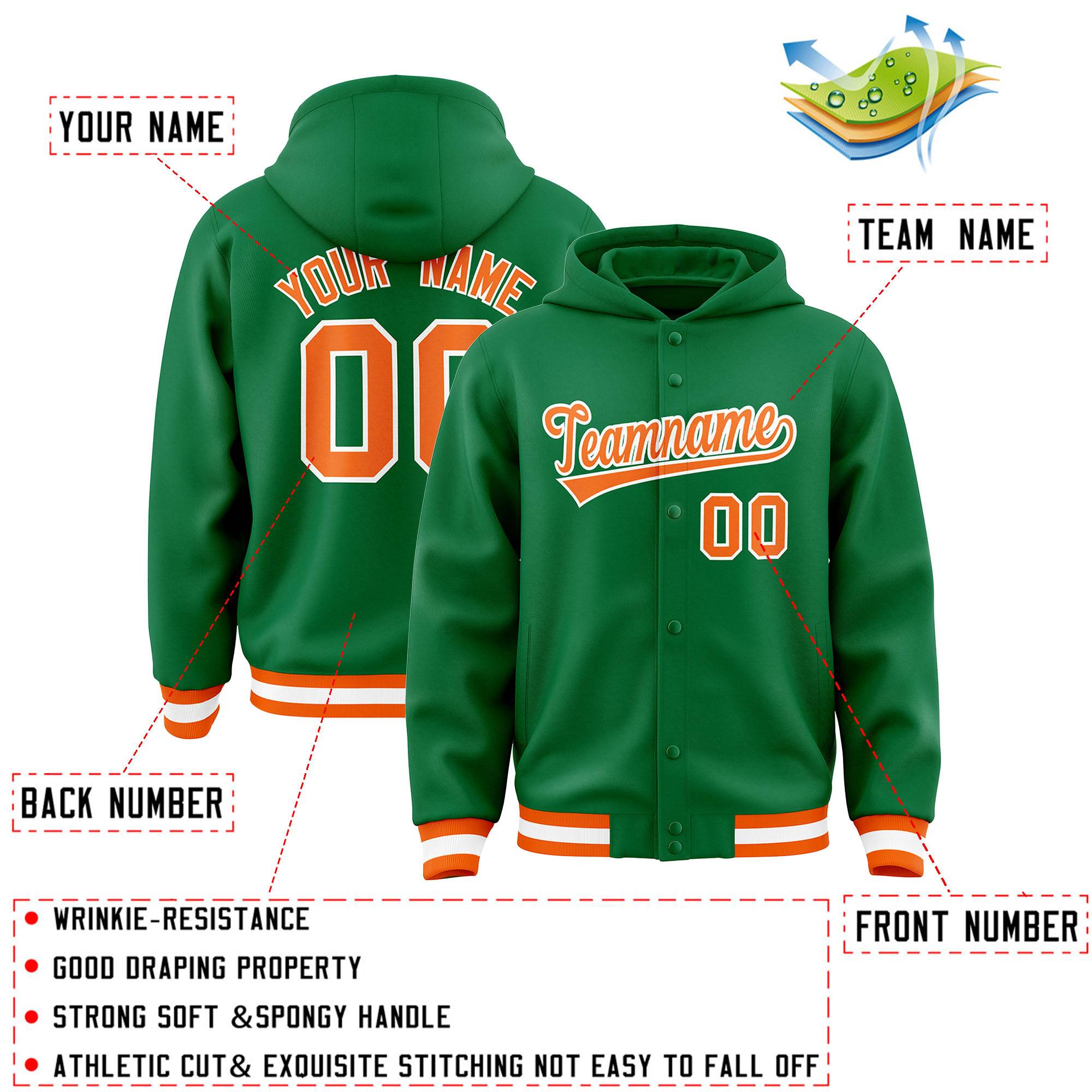 Custom Kelly Green Orange-White Varsity Full-Snap Letterman Classic Hoodie Jacket